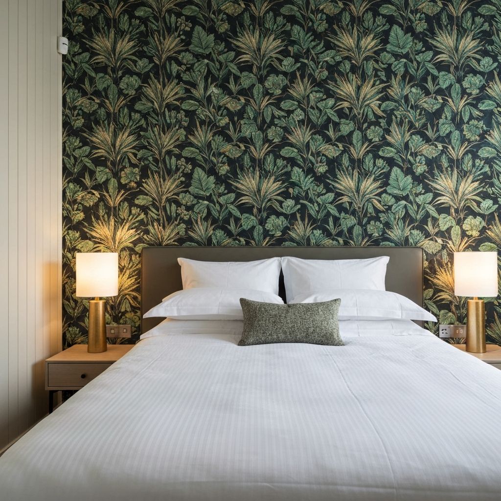 Bedroom with botanical feature wallpaper